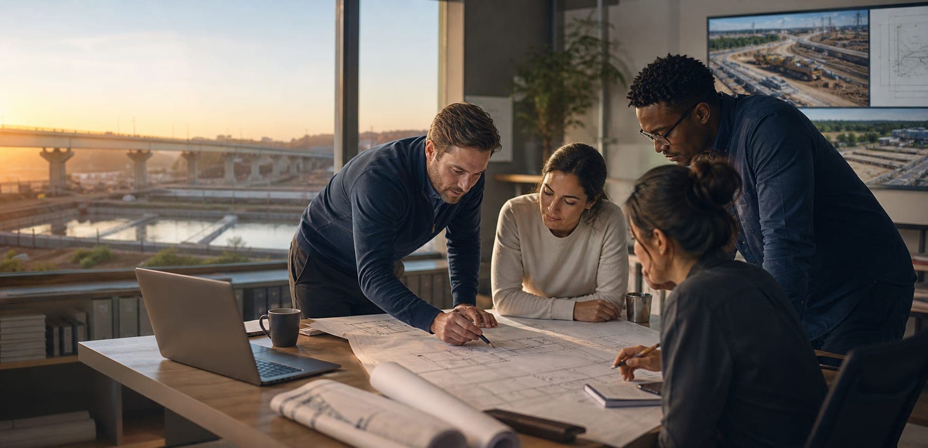 A team reviewing civil infrastructure plans in a light-filled workspace.